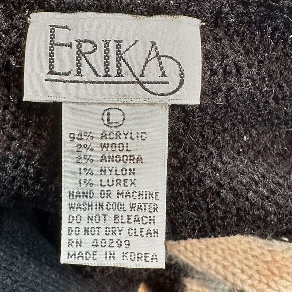 VTG 80s 90s Erika Sweater Large Black Brown Abstract Angora Lurex Knit Shimmer - Picture 6 of 11